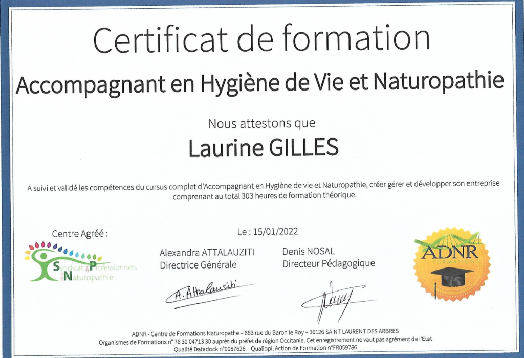 Diplôme officiel de naturopathe de Laurine, validant ses compétences en bien-être naturel et en accompagnement personnel
