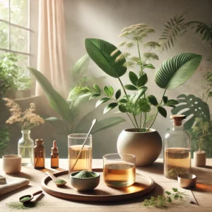 Illustration représentant la phytothérapie, mettant en avant des plantes médicinales sous forme d'infusions, de poudres et d'huiles essentielles sur une table en bois, avec une plante en arrière-plan éclairée par une lumière naturelle douce. L'image évoque le bien-être, l'équilibre et les soins naturels.