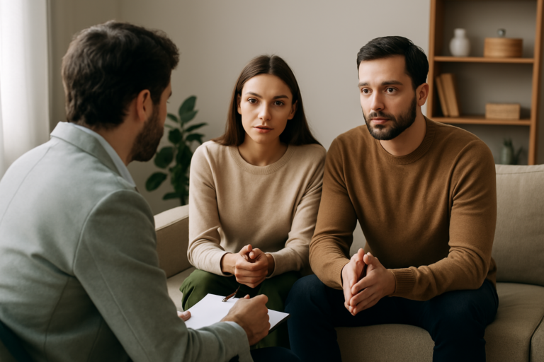Séance de coaching de couple avec un praticien, accompagnement bienveillant pour renforcer la communication