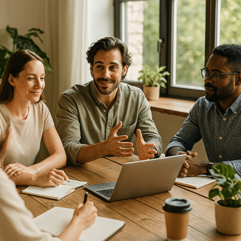 Groupe de collaborateurs en pleine réflexion collective, illustrant une approche humaine et naturelle du coaching d’équipe avec Terre Éveil