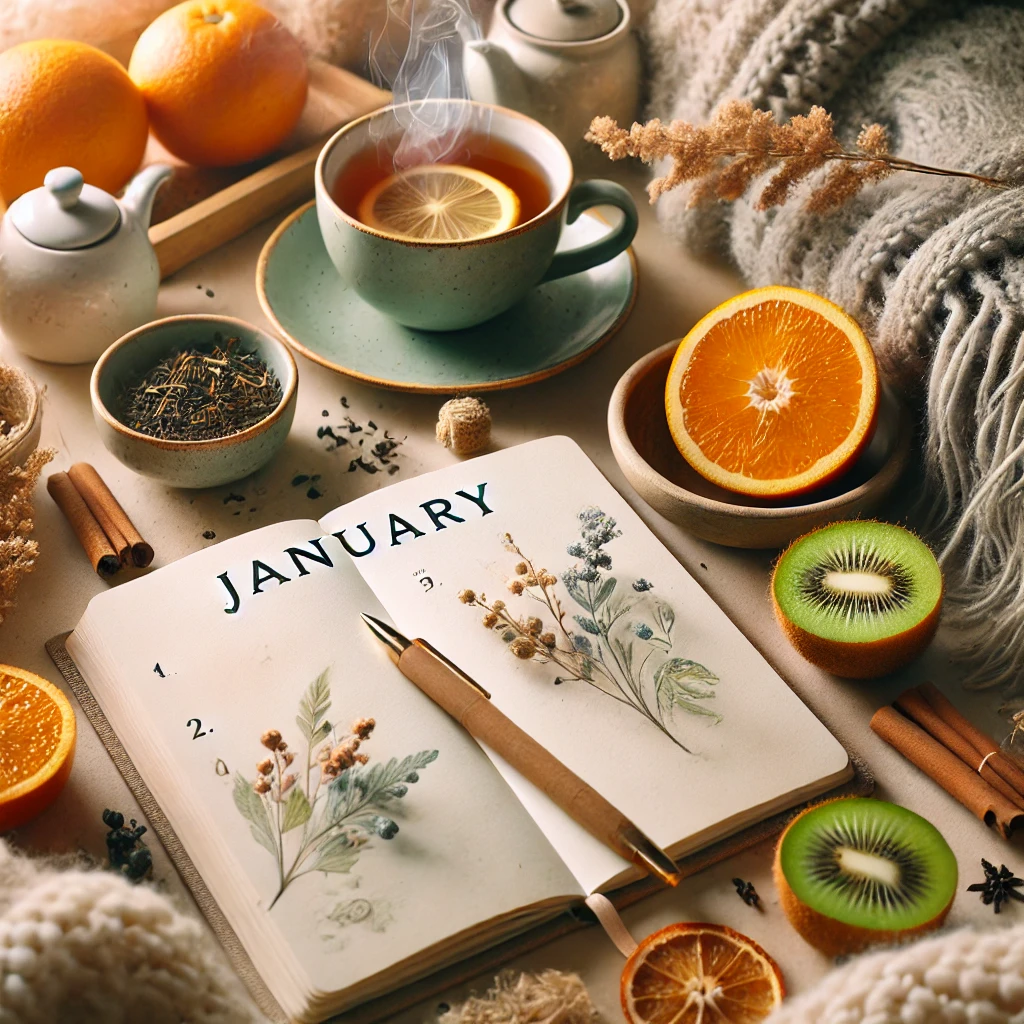 Image représentant le bien-être en janvier avec une tasse de thé chaud, un journal, des fruits frais et une ambiance apaisante