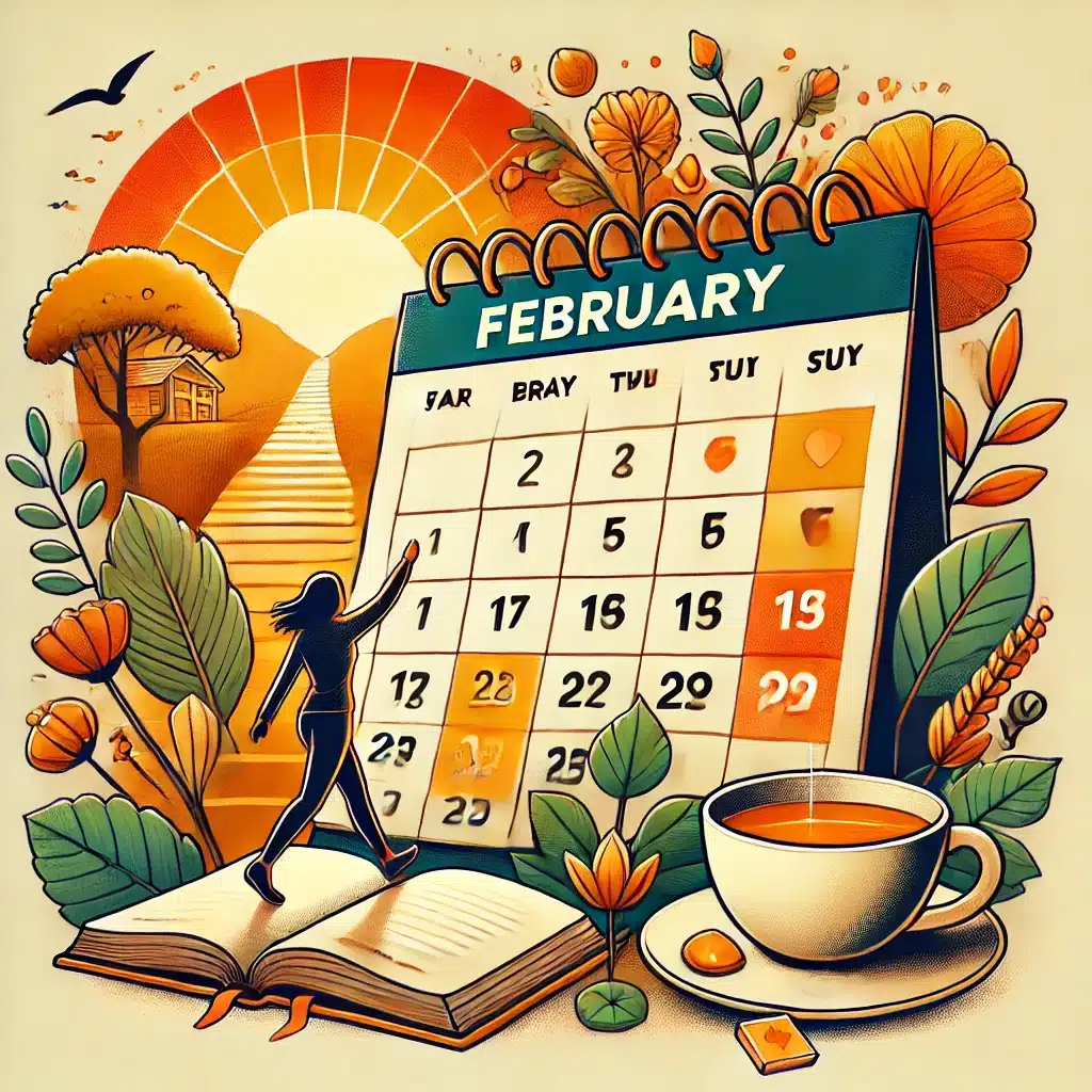 Une illustration motivante de février comme mois d'action, montrant un calendrier avec février mis en avant, une personne avançant vers un lever de soleil, et des symboles de croissance tels qu'un carnet, une tasse de thé, et la nature. Couleurs chaleureuses et inspirantes pour Terre Éveil.