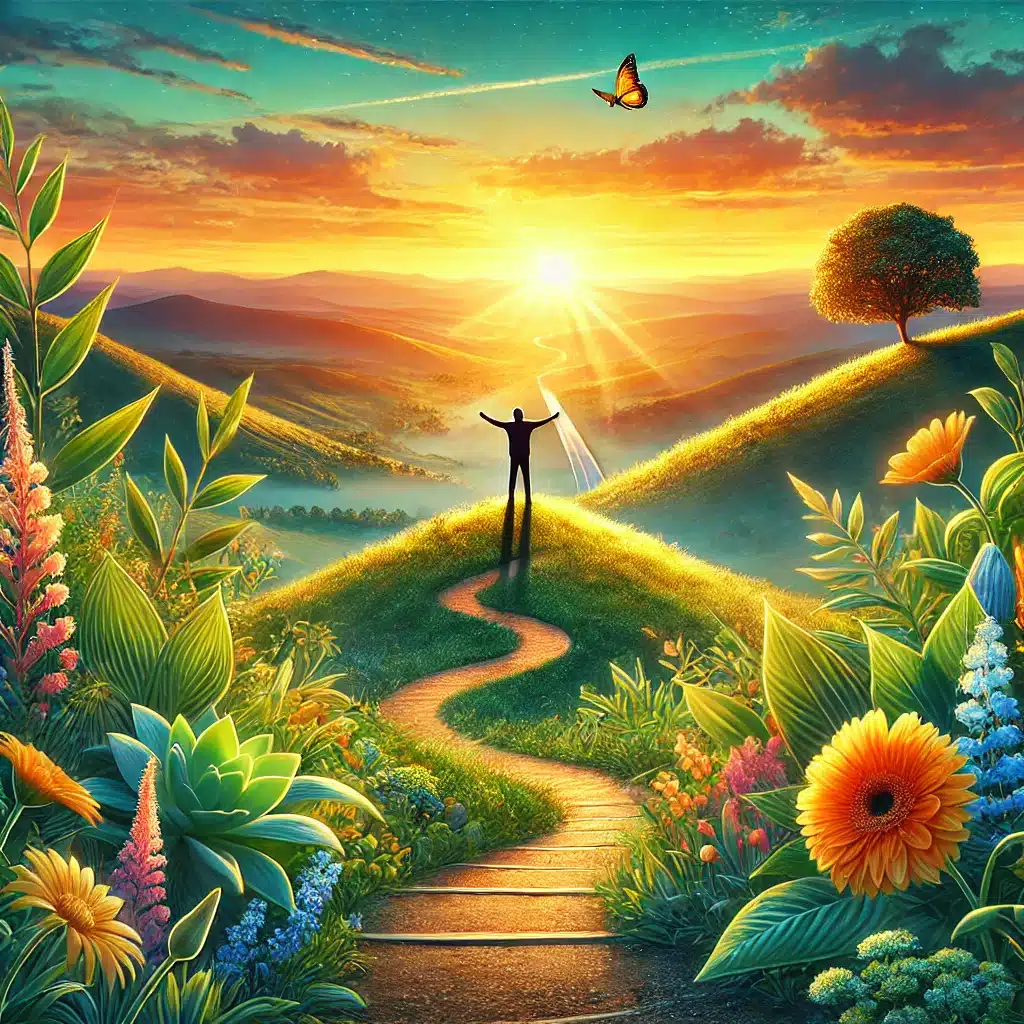 Une image inspirante représentant la croissance personnelle et le potentiel, avec une personne au sommet d'une colline au lever du soleil, les bras tendus vers l'horizon. Le paysage inclut des fleurs éclatantes, une végétation luxuriante et un chemin symbolisant les opportunités