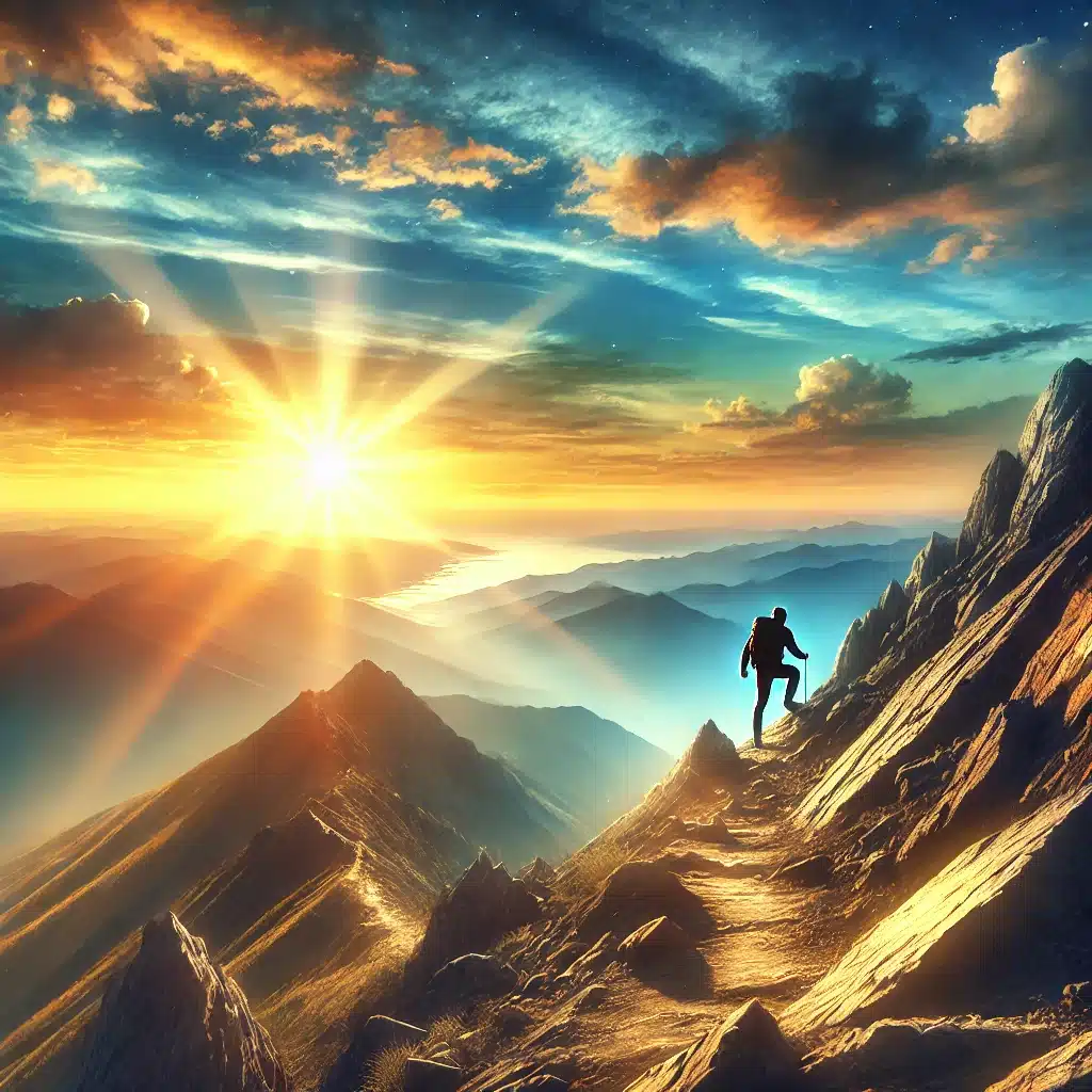 Une image inspirante illustrant la persévérance, montrant une personne gravissant une montagne escarpée sous un ciel lumineux, avec un lever de soleil symbolisant l’espoir et la détermination.