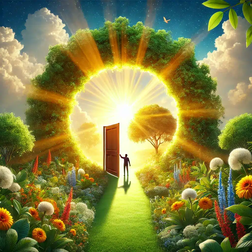 Une image inspirante représentant la création d'opportunités, montrant une personne ouvrant une porte lumineuse vers un chemin ensoleillé entouré de verdure et de fleurs. Une scène symbolisant le succès et la motivation