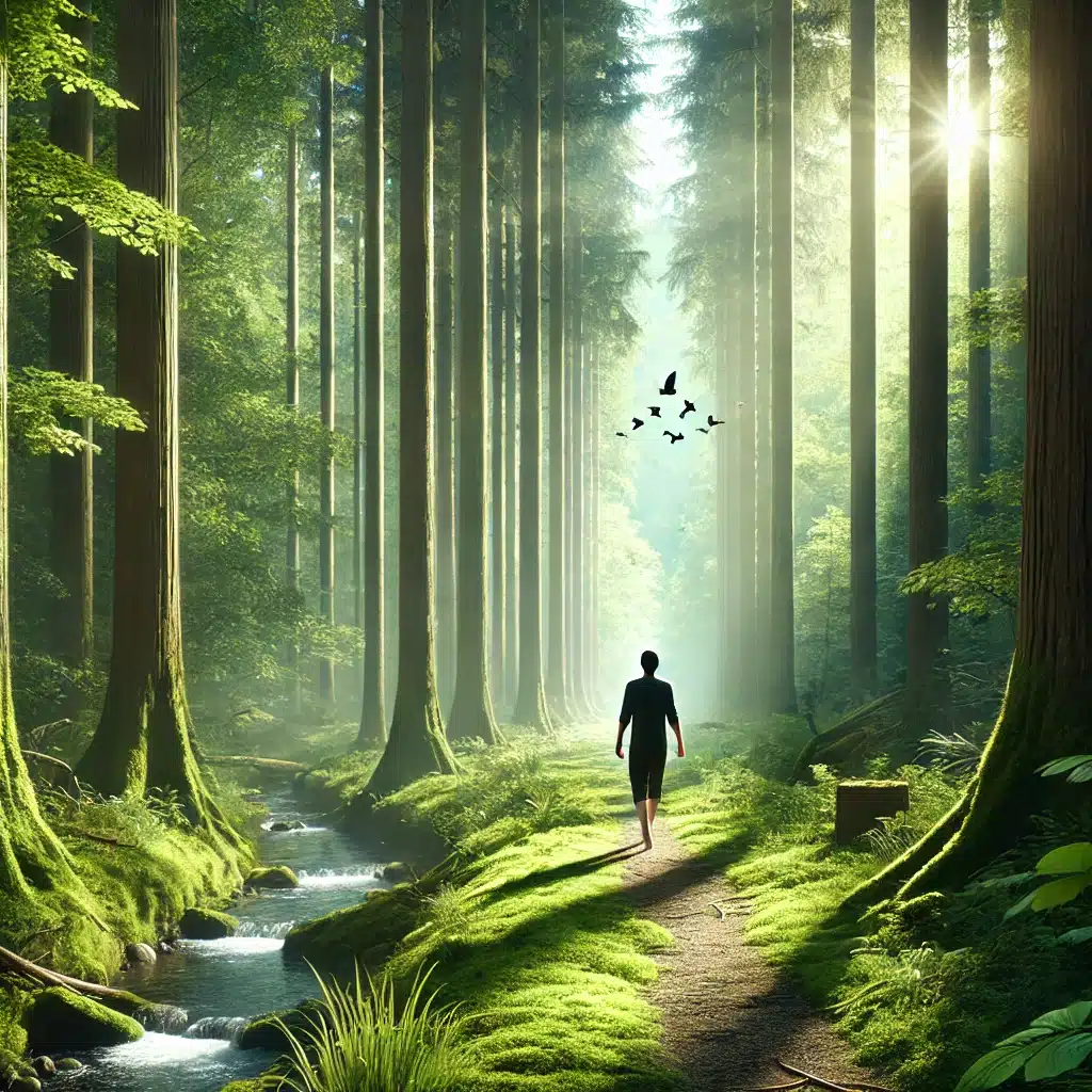 Une personne marchant pieds nus sur un sentier forestier, entourée de verdure et baignée par la lumière naturelle du soleil. Scène apaisante illustrant la connexion avec la nature.