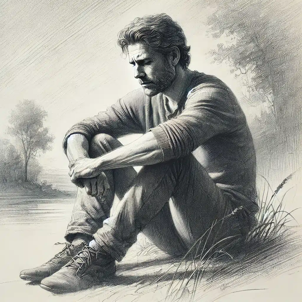 Dessin au crayon représentant un homme contemplatif assis dans un paysage naturel, symbolisant l'introspection et la gestion de l'hypersensibilité.