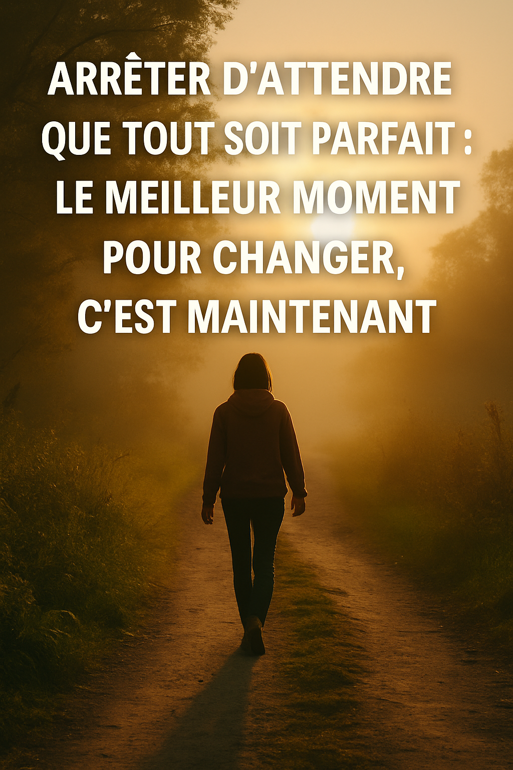Personne avançant seule sur un chemin au lever du soleil, symbolisant l’instant où l’on choisit de changer sa vie malgré l’imperfection.