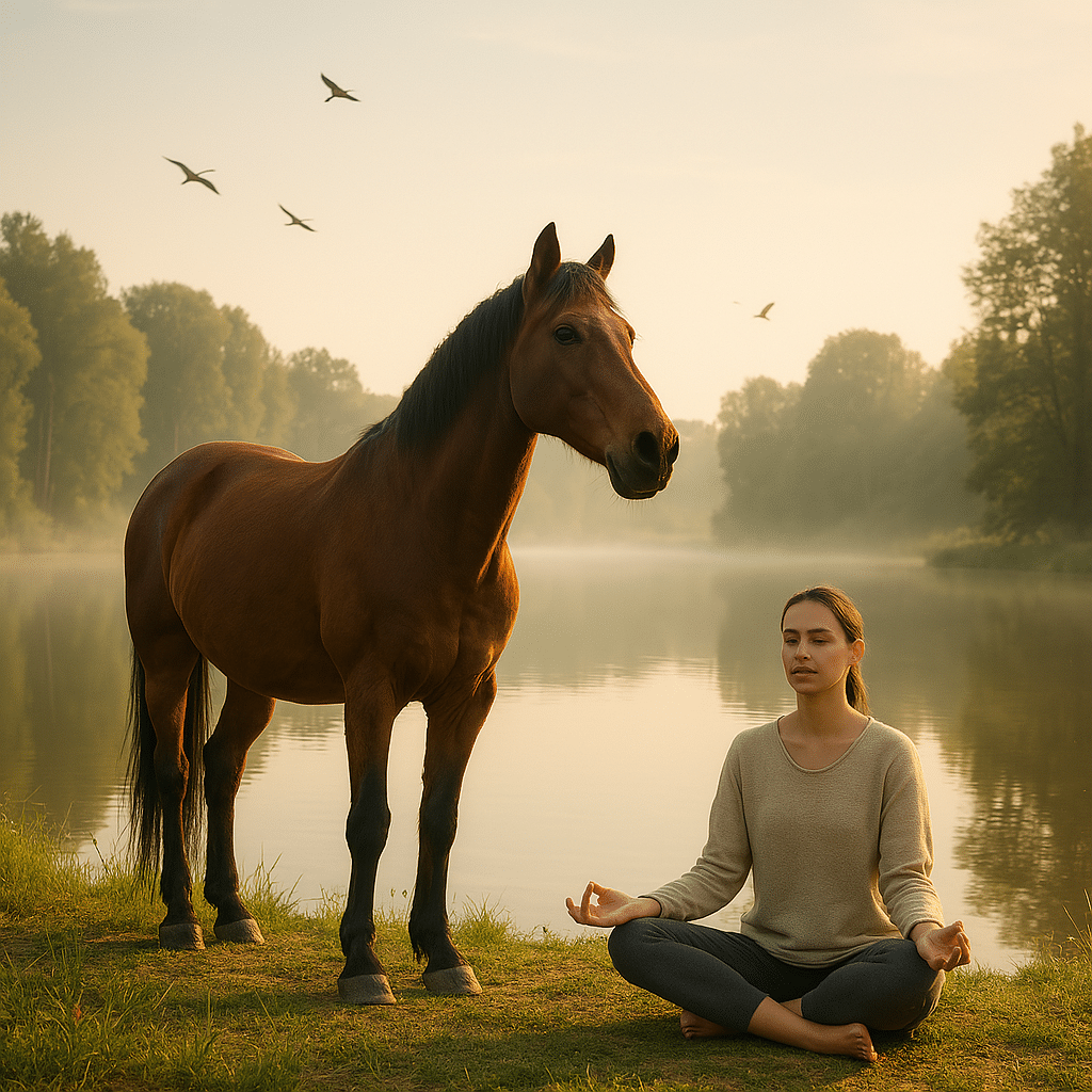 Femme méditant au lever du soleil au bord d’un lac, un cheval à ses côtés, dans une atmosphère paisible et naturelle, symbole de recentrage et de transformation intérieure.