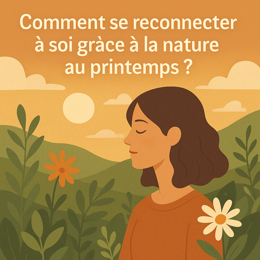 Illustration d’une femme méditant dans la nature au printemps avec des plantes et un coucher de soleil, symbolisant la reconnexion à soi.