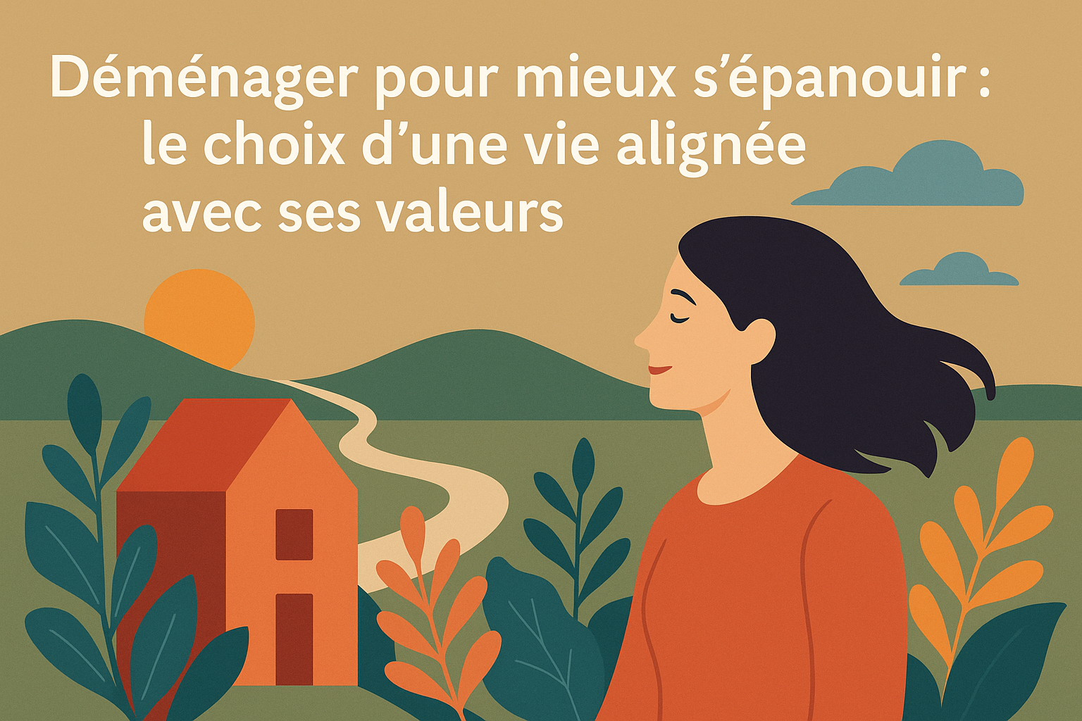Illustration d’une femme souriante devant une maison et un chemin, symbolisant un déménagement vers une vie alignée en harmonie avec la nature.