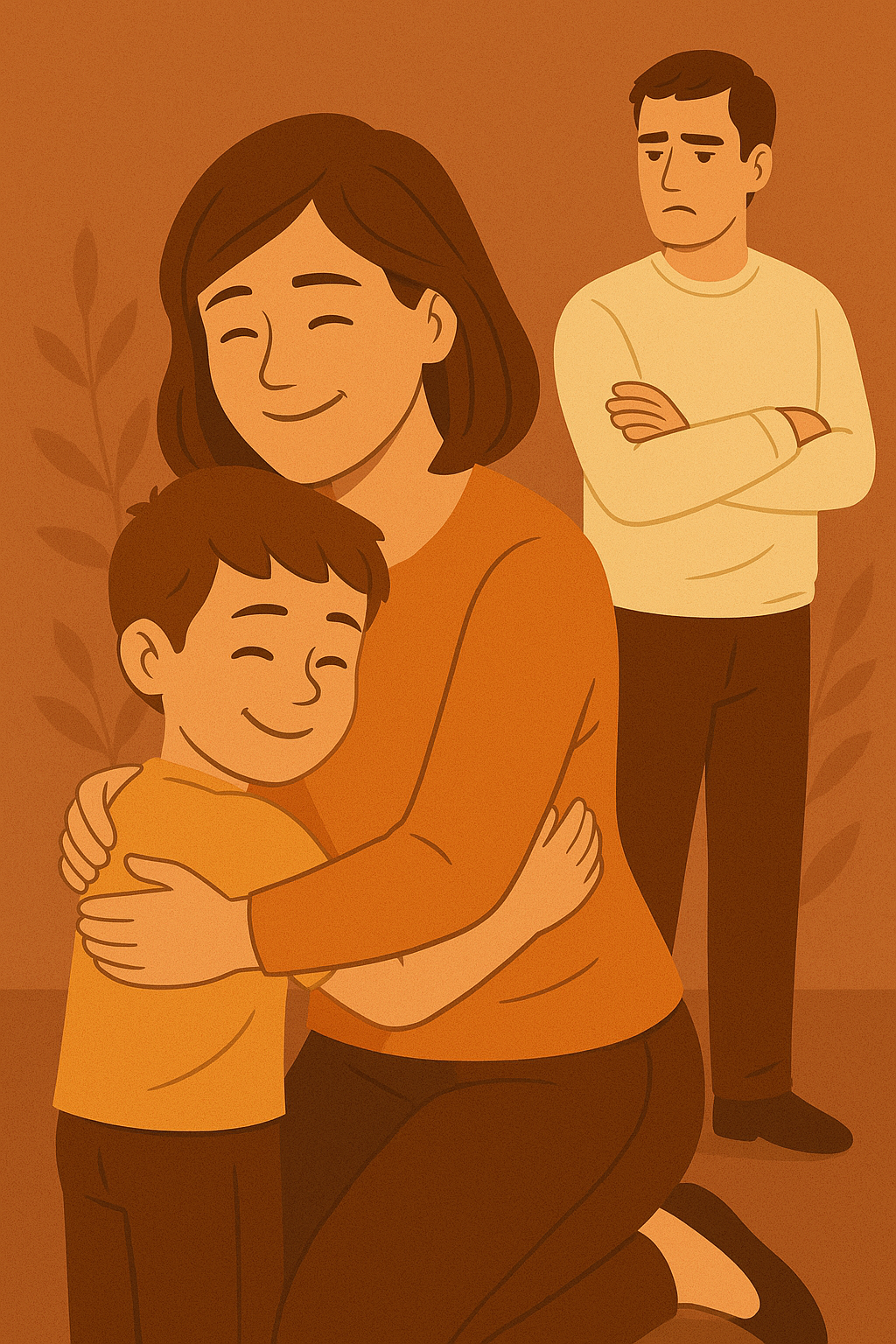Mère et enfant très proches, père en retrait, exprimant l’impact invisible d’une relation fusionnelle sur la dynamique familiale.